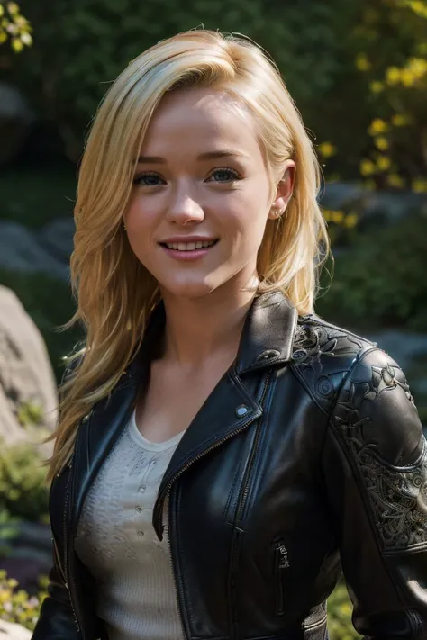 photo of S120_KenzeThomas, a beautiful woman, in a (rocky-garden:1.2), wearing a (leather-jacket:1.2), (smiling:1.1), (8k, RAW photo, best quality, depth of field, ultra high res:1.2), (absurdres, intricate, photorealistic, masterpiece, ultra-detailed, Unr...