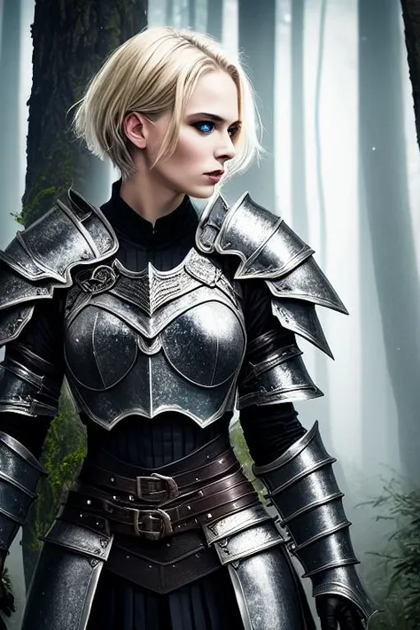 award winning waist up photo of a beautiful woman, fantasy warrior, wearing black leather armor, silver pauldrons, leather gloves, short blonde hair, blue eyes, dense forest in background, dark, ominous, foggy, high contrast, shiny skin, soft lighting, bac...