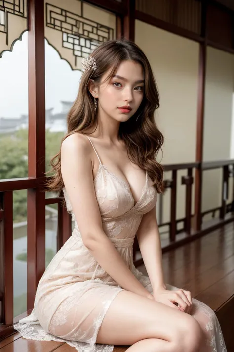 1girl, Wide hips, Skindentation, blush, sitting, from below, crossed legs, panty, in front of Chinese garden, wearing a flowing gold Wedding dress, silver curly hair, and brown eyes, looking at the viewer, extremely beautiful, pale skin, angel, <lora:add_d...