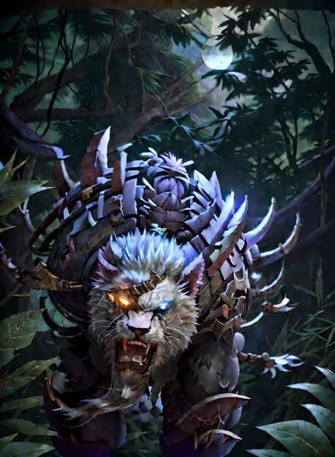 (by bambii dog, by personalami, by honovy, by blotch),beast, solo, lion, rengar (lol), long hair, braided hair, muscular, claws, armor,, inside jungle, night, starlight,  <lora:RengarFRL22nO:1>,blue eyes,look at the audience,(sideways:1.5),leaping,(dim bac...