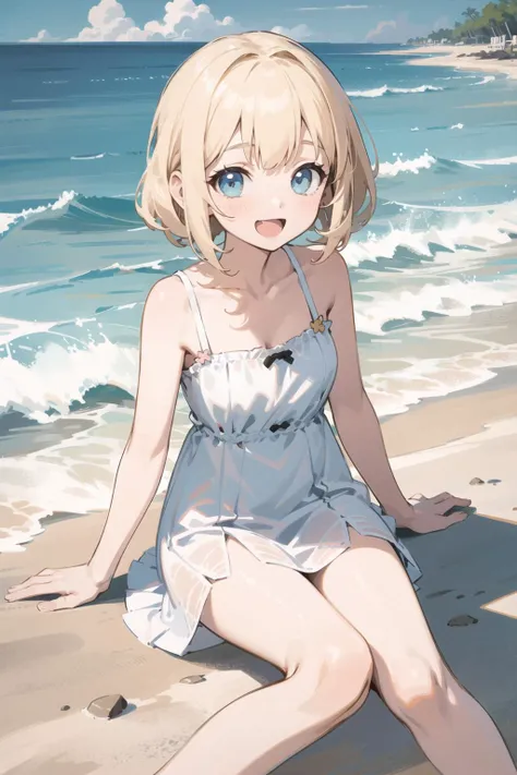 (finely best quality illustration:1.2), (kawaii girl:1.1), (1girl, solo:1.0), (white sundress:1.0), (sitting on the beach:1.0), (:D:0.7), (ultra-detailed, highres:1.0), (sfw:1.0),