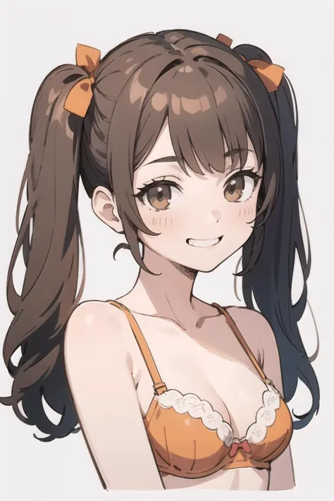 (finely best quality illustration:1.2), (kawaii girl:1.0), (1girl, solo:1.0), (brown hair, twintails:1.0), (orange bra, bare shoulders:1.0), (medium breasts:1.0), (smile, (smug grin:0.9), (embarrassed:0.5):1.0), (upper body:1.1), (ultra-detailed, highres:1...