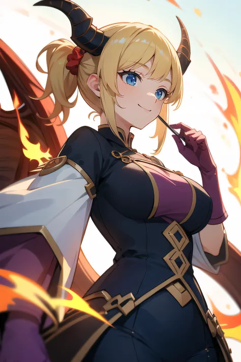 (masterpiece, absurdres),(best quality, high quality:1.4),((dragon girl, cosplay, dragon horns)),blonde hair,Side ponytail,hair scrunchie,hair ornament,blue scrunchie,Swept bangs,blue eyes,big breasts,10 heads tall,nice hands,perfect hands,<lyco:GoodHands-...