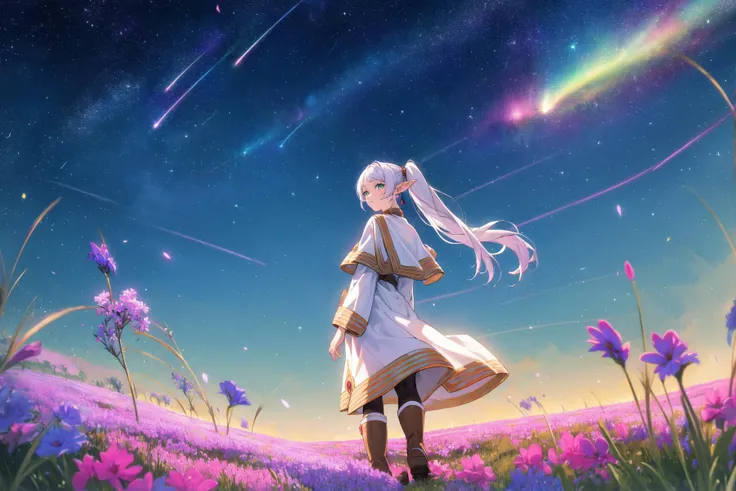 comet fall, blue comet trails, night sky, clear sky, pink flower meadow, light from comets, beauty, horizon, landscape, ultra detailed, blue, black, light, pink, green, grass,
BREAK, ((masterpiece)), (best quality), highres, ultra-detailed,
frieren, 1girl,...