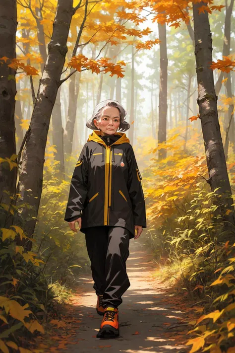 (ultra detailed, old lady face, blue long-sleeves Gore-Tex hood jacket, black long pants), hiking shoes, trekker backpack, white inner clothes, walking in the autumn beautiful realistic red and yellow forest