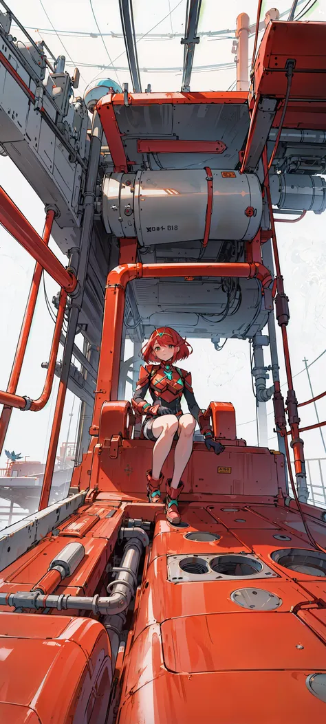 anime girl sitting on a red ship looking out over the water