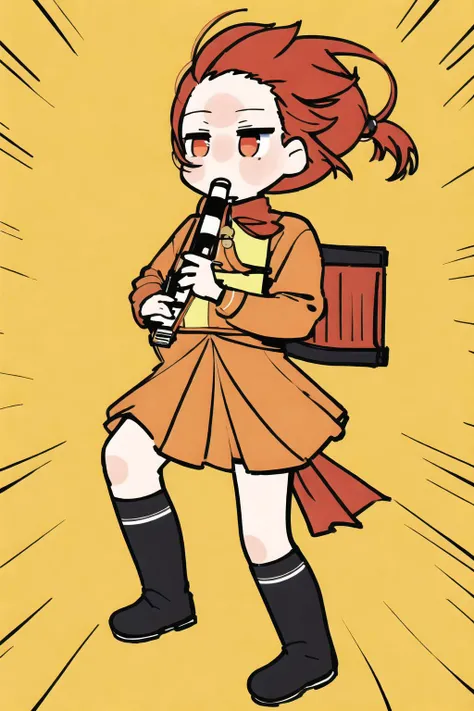 (masterpiece, best quality, ultra detailed,illustration), <lora:loha_kyoufuu_all_back:1>,
kyoufuu all back, 1girl, holding recorder, music, [chibi:0.5],cohesive yellow background,randoseru,emphasis lines,full body, red hair,