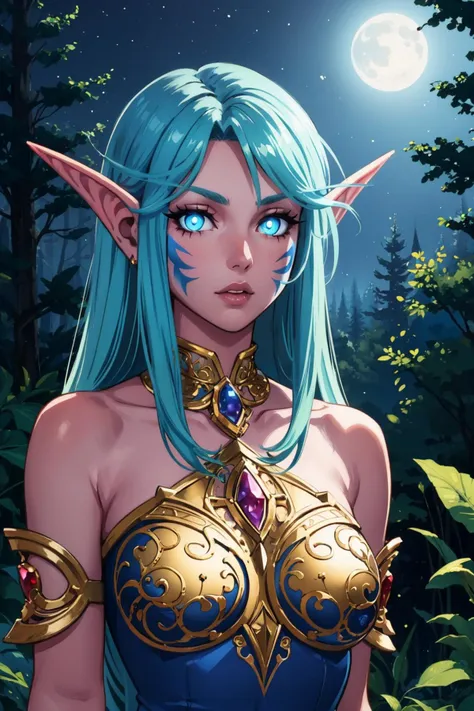 a woman with blue hair and blue eyes in a forest