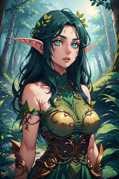 masterpiece, best quality,  <lora:nightelf-warcraft-richy-v1:1> nightelf, glowing eyes, colored skin, facial mark, mature female, green dress, leaves, jewelry, looking at viewer, forest, night, bare shoulders <lora:NatureStyle_530620:0.8> naturestyle