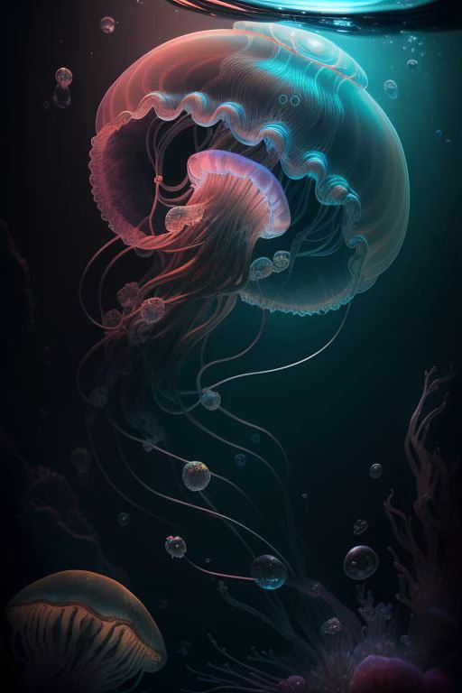 octane render, hdr, (hyperdetailed:1.15), (soft light, sharp:1.2), beautiful, realistic, 1 giant black jellyfish, bubbles, glowing, deep sea, dark <lora:jellyfish_lora_v2:0.4>