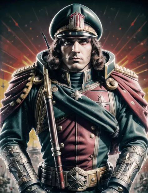 warhammer_40k_commissar,((masterpiece)), (best quality), (detailed), black uniform, mascara, eyeliner, eye shadow, upper body, lipstick, 1boy, 1man, propaganda poster, angry, stubble,
 <lora:warhammer40commissarv2:0.4> <lora:add_detail:0.5> <lora:beautiful...