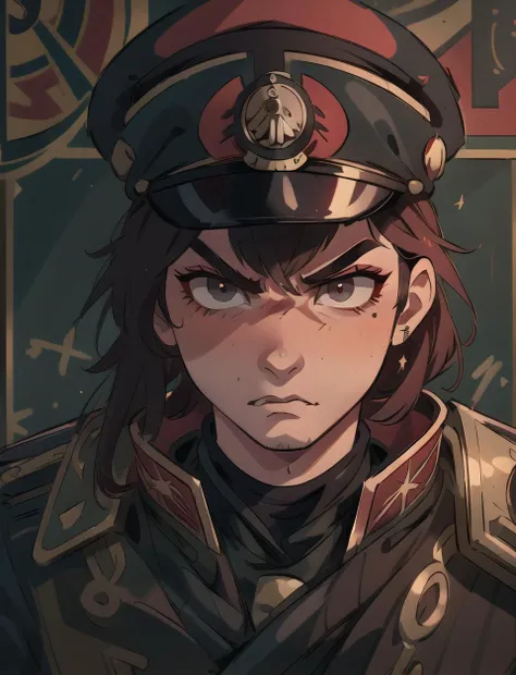 warhammer_40k_commissar,((masterpiece)), (best quality), (detailed), black uniform, mascara, eyeliner, eye shadow, upper body, lipstick, 1boy, 1man, propaganda poster, angry, stubble,
 <lora:warhammer40commissarv2:0.4> <lora:add_detail:0.5> <lora:beautiful...