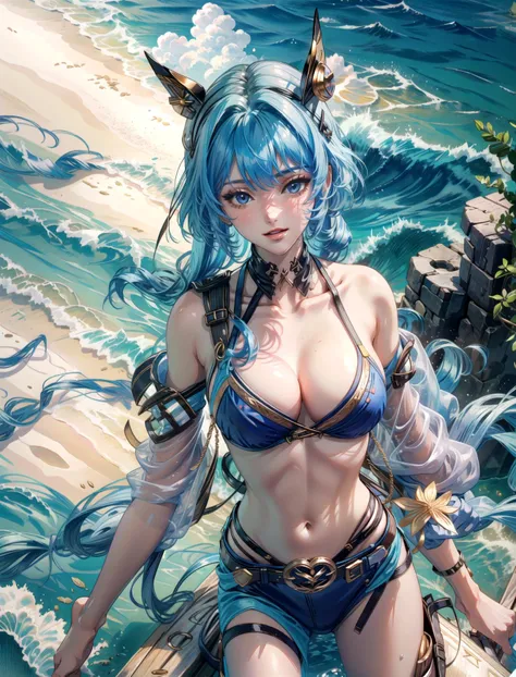 masterpiece, best quality, ultra_detailed, film grain, sunny weather, hot weather, summer, beach, sea, 
1girl, blue hair, long hair, hair ornament, blue bikini, micro bikini, mature, large breast, holding katana, smile, 
nikke, helm,  <lora:helmV1:0.5>,  <...