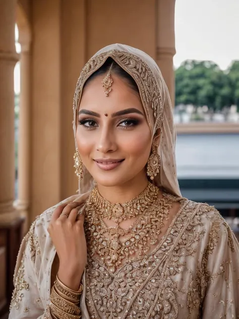 a woman in a bridal outfit poses for a photo