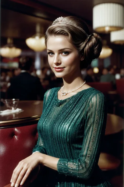 a woman in a green dress sitting at a table