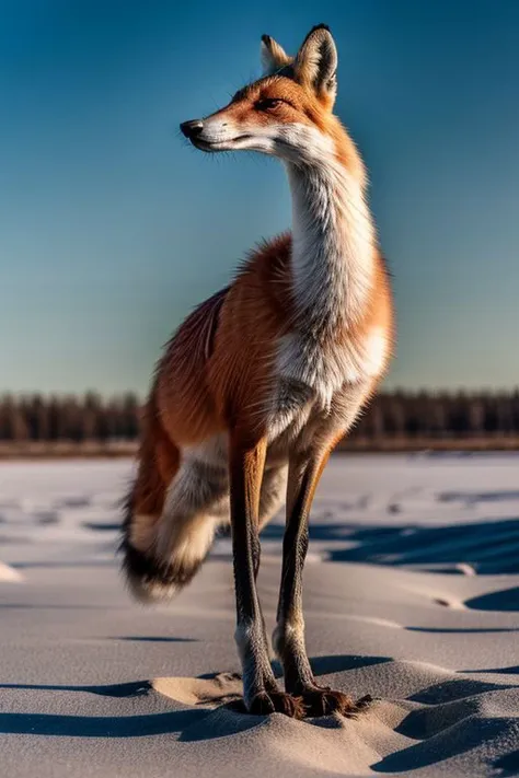 a close up of a fox standing on a snowy surface