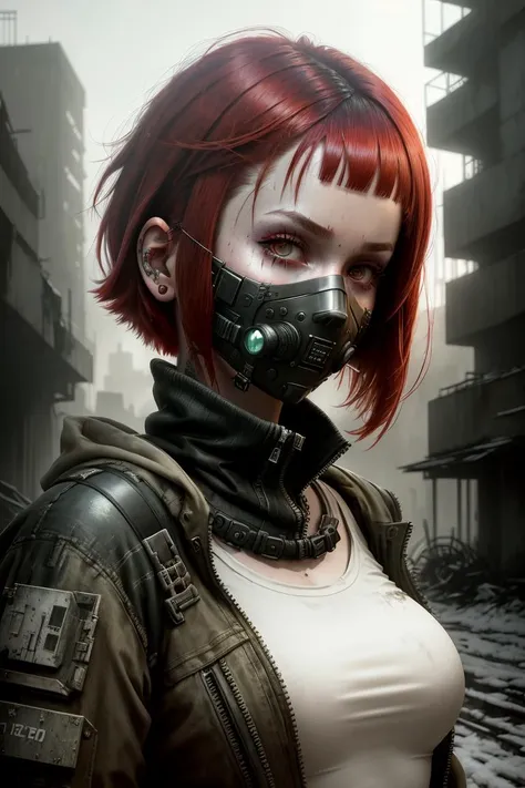 dystopianx style, RAW photo, a close up portrait photo of 30 y.o woman in wastelander clothes, redhair, short haircut, pale skin, slim body, background is city ruins, (high detailed skin:1.2), 8k uhd, dslr, soft lighting, high quality, film grain, Fujifilm...