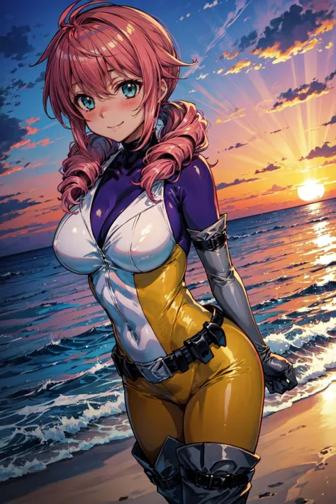 masterpiece,best quality,1girl,Feldt Grace,long hair,low twintails,twin drills,pink hair,aqua eyes,FeldtSuit,elbow gloves,thigh boots,belt,skin thigh,yellow bodysuit,smile,blush,arms behind back,standing,beach,ocean,sunset,dusk,light rays,dutch angle,<lora...