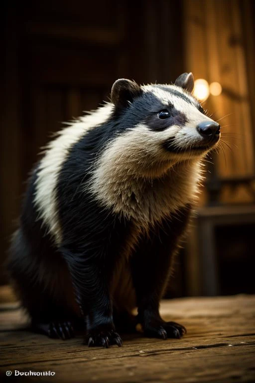 an concept art of alchemic element - European Badger (Meles meles): A stout and sociable mammal, the European badger boasts a distinctive black and white striped face that sets it apart from its woodland counterparts. Its dense, coarse fur is predominantly...