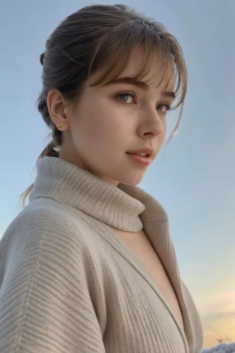 a woman in a sweater looking at the camera with a sunset in the background