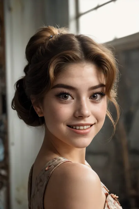 a close up of a woman with a messy bun in a dress