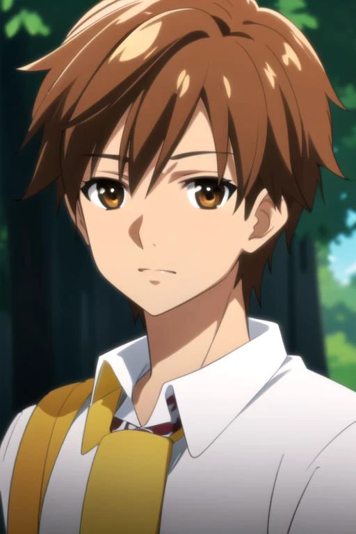 masterpiece, best quality, movie still, 1boy, solo, male focus, looking at viewer, , depth of field, anime coloring, realistic, <lora:arata_hinohara:0.88>, arata_hinohara, arata_hinohara, brown hair, brown eyes, fruits costume, ,