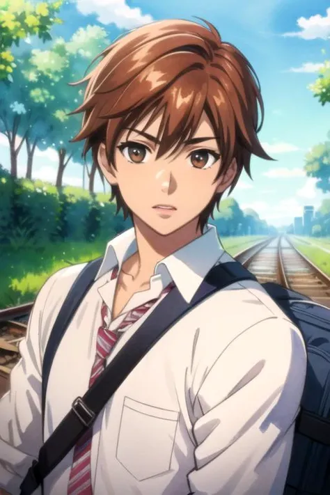 masterpiece, best quality, illustration, 1boy, solo, male focus, looking at viewer, upper body, depth of field, (watercolor illustration, soft pastel colors:1.1), , <lora:arata_hinohara:0.74>, arata_hinohara, , , railroad crossing,