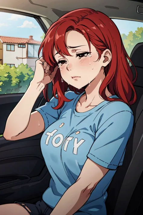 realistic, 1girl, (red hair:1.2), black eyes, closed eyes, wavy hair, crying, very sad, tired,  dirty tshirt, sitting in car