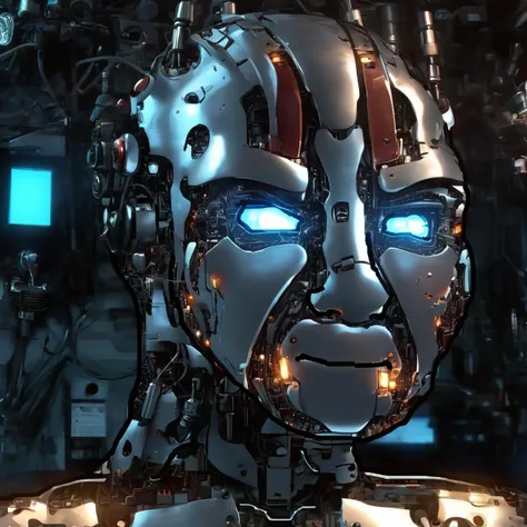 <lora:wojak_big:1>mecha with wojak face, close up, Crying Wojak, very detailed mechanical parts, metal reflections, glowing lights, circuits, alone in a room, in front of a computer