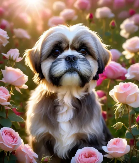 lhasa apso, uhd, 4k, a photograph of an enchanting dog enveloped in soft ethereal light, lost in the embrace of a blooming field...