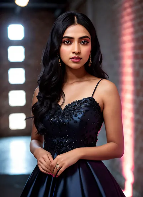 portrait of skswoman, thoughtful , wearing prom dress , with black Straight hair , background alleyway epic (photo, studio lighting, hard light, sony a7, 50 mm, matte skin, pores, colors, hyperdetailed, hyperrealistic), <lyco:Amala PaulV2:1.0>