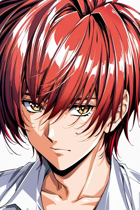 1boy, male focus, solo, red hair, white background, looking at viewer, yellow eyes, simple background, shirt, closed mouth, collarbone, bangs, white shirt, portrait, collared shirt, <lora:Urushihara Satoshi_XL:0.8>