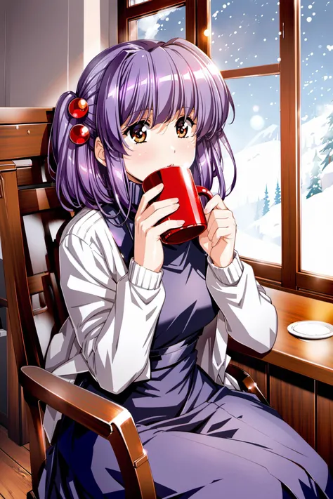 1girl, solo, window, sitting, cup, drinking, mug, hair bobbles, purple hair, brown eyes, long sleeves, hair ornament, dress, snowing, snow, indoors, chair, turtleneck, <lora:Urushihara Satoshi_XL:0.8>