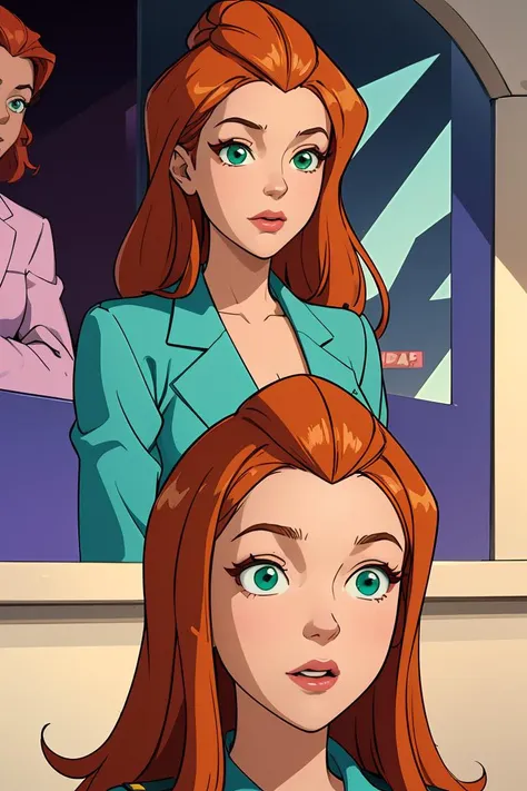 a cartoon picture of two women with red hair and green eyes