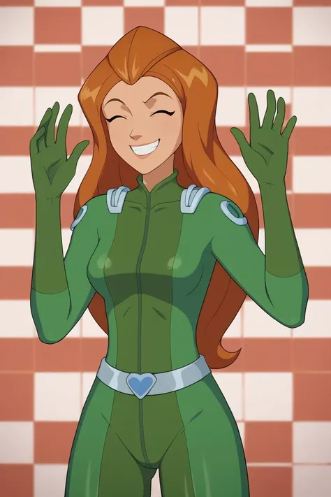 a cartoon of a woman in green and white outfit waving