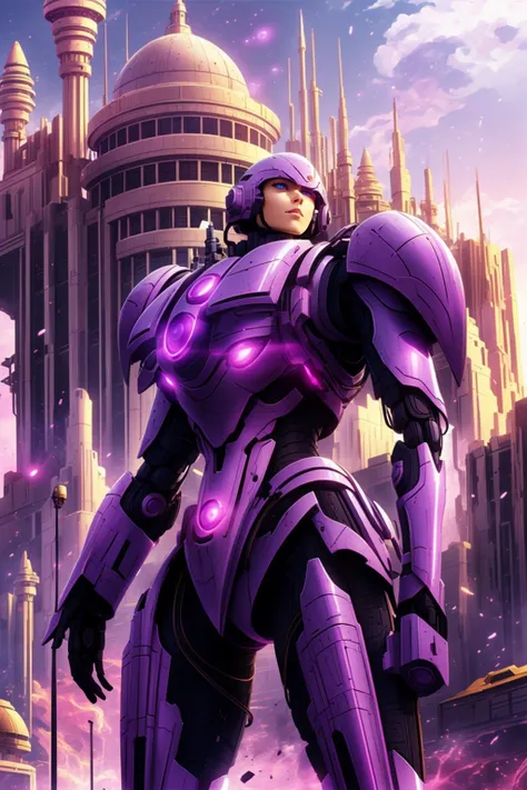 glowing purple, <lora:Glowing-Purple-V1:1>, masterpiece, best quality, mecha, no humans, black armor, blue eyes, science fiction, fire, laser canon beam, war, conflict, destroyed city background