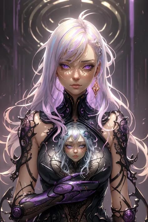 glowing purple, <lora:Glowing-Purple-V1:1>, woman holding cat, cat ears, chibi, blue, gold, white, purpple, dragon scaly armor, forest background, fantasy style, (dark shot:1.17), epic realistic, faded, ((neutral colors)), art, (hdr:1.5), (muted colors:1.2...