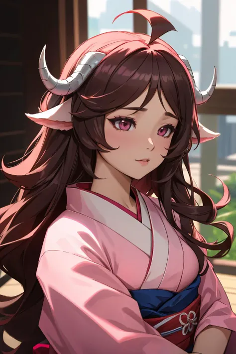 ultra detailed, sharp focus, best quality, masterpiece, <lora:Eyjafjalla:0.8> Eyjafjalla, curled horns, ahoge, long hair, pink kimono, best quality, dynamic lighting, masterpiece, intricate details,