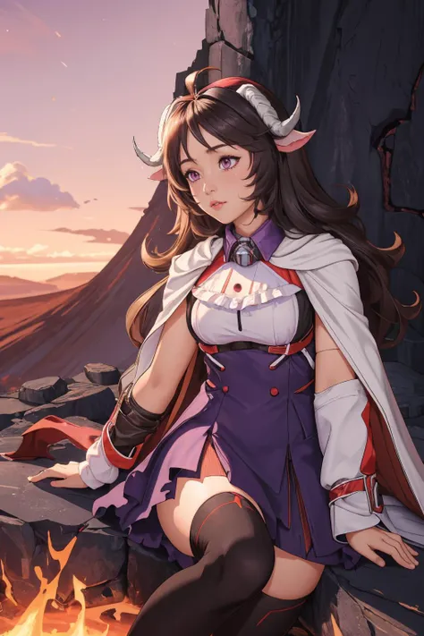 ultra detailed, sharp focus, best quality, masterpiece, colorful, <lora:Eyjafjalla:1> Eyjafjalla, EyjafjallaBase, curled horns, ahoge, mask around neck, purple dress, white cape, fingerless gloves, black thighhighs, volcano in the background, (Volcano:1.15...