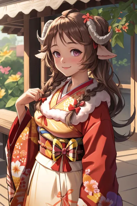 <lora:WatameV4:0.8> twin braids, long hair, WatameKimono, floral print, red kimono, sash, hair flower, bow, fur scarf, hat <lora:Eyjafjalla:1.0> Eyjafjalla, curled horns, ahoge, long hair, brown hair, smile, lavender eyes,