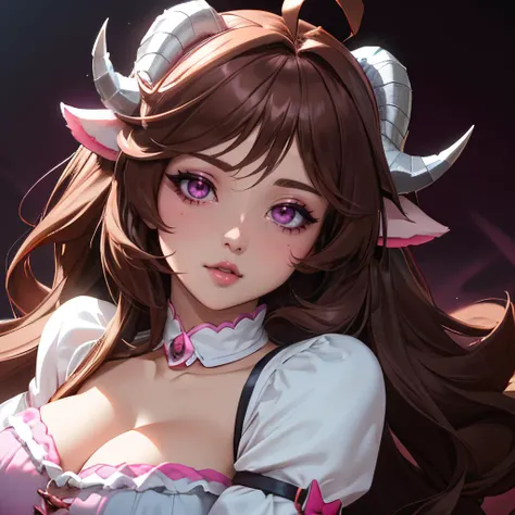 ultra detailed, sharp focus, best quality, masterpiece, <lora:Eyjafjalla:0.8> Eyjafjalla, curled horns, ahoge, long hair, puffy lips, brown hair, looking at the viewer, pink lipstick, purple eyeshadow, looking at the viewer, close up, full body shot, best ...