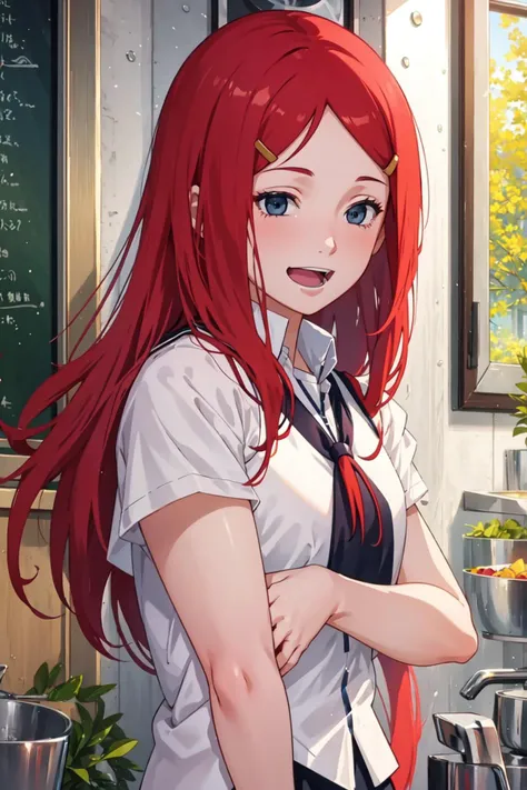 (masterpiece), kushina, 1girl, solo, long hair, looking at viewer, smile, blush, blue eyes, shirt, white shirt, upper body, :d, red hair, hairclip, school uniform, school background, short skirt, shirt tug, <lora:kushina-05:0.8>