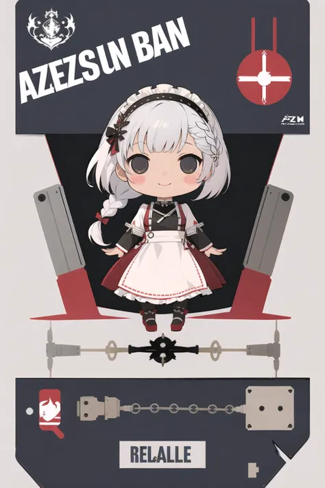 assembly, 1girl, belfast (azur lane), solo, turret, white hair, smile, chibi, long hair, chain, apron, maid headdress, broken ch...