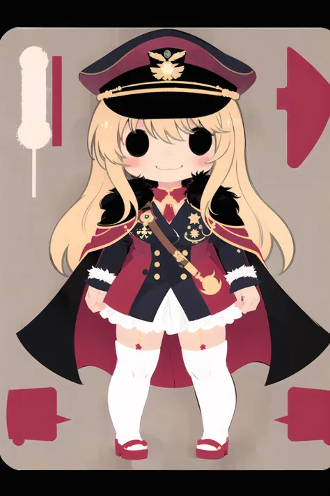 assembly, 1girl, blonde hair, hat, chibi, long hair, solo, cape, thighhighs, fur trim, peaked cap, smile, flat color, fur-trimme...