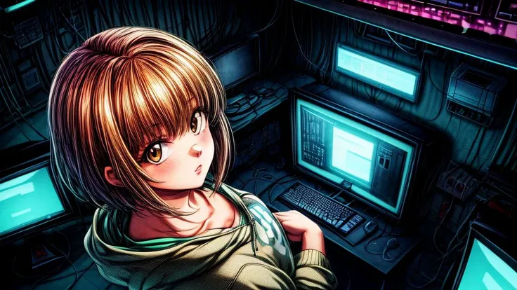 masterpiece, best quality, (high angle:1.5), detailed face, (1girl), solo girl, green short hair, big brown eyes, purple baggy hoodie, hacker room, lots of computers and wires, walls full of computers, wall full of wires, retro large CRT monitors, lots of ...