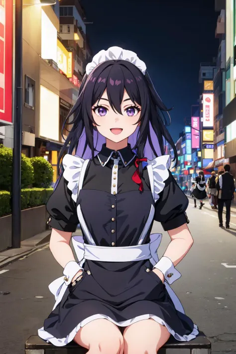 masterpiece, best quality, SeeleV4, 1girl, solo, ((maid, maid dress, black maid)), purple eyes, night, :d, shibuya road, hands in pockets, smile, sitting, outdoors, city street, cowboy shot