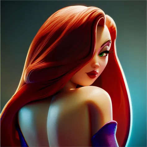 score_9_up, score_8_up, score_7_up, portrait, headshot, from behind, looking back, 1girl, jessica rabbit, red hair, hair over on...