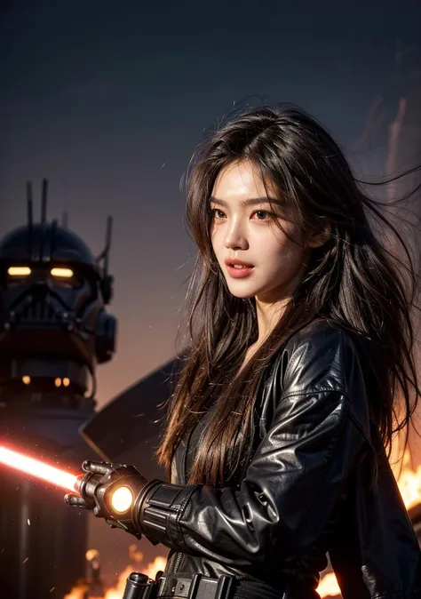 a woman in a leather jacket holding a light saber