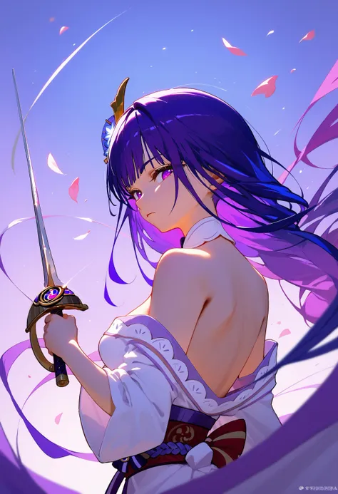 anime girl with purple hair holding a sword and wearing a white dress