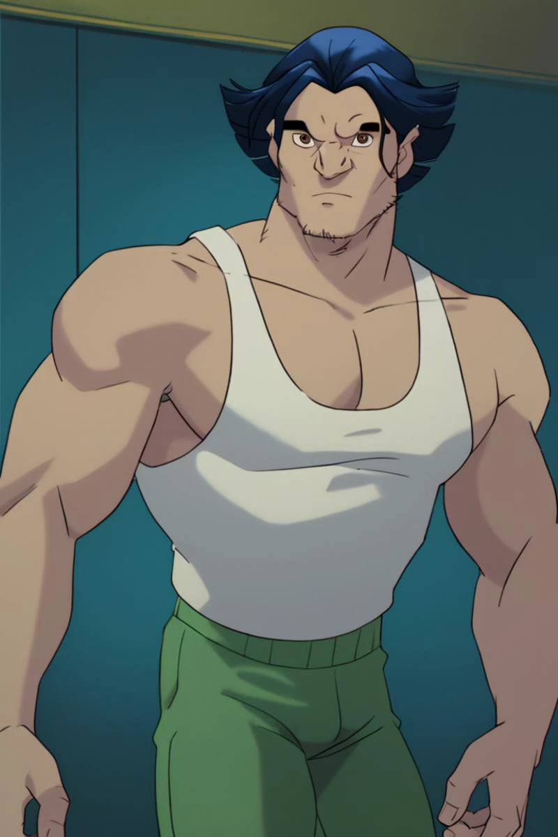 a cartoon of a man with blue hair and a white tank top